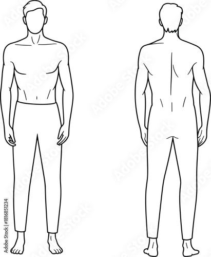 Male body template showing front and back anatomical outline, fashion figure sketch, proportional model silhouette, technical drawing for design, illustration reference and clothing mockups.