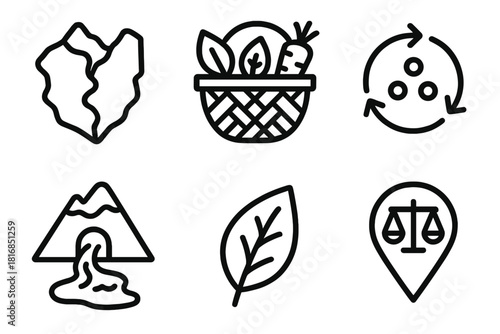 Sustainable Resource Icons. Natural Resource Awareness linear icon set: watershed map, resource basket, nutrient loop, mountain spring, green leaf, balanced extraction marker