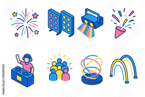 Festival Light Icons. Festival Illumination flat icons set. fireworks, LED panels, strobe lights, confetti burst, DJ booth, glowing crowd, laser swirl, light arcs