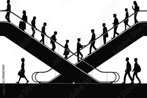 Pure black silhouette vector illustration of people and commuters moving on escalators in a busy modern city transportation or shopping center design