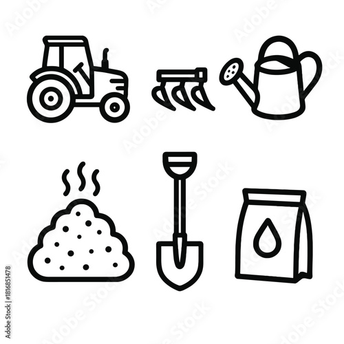 Farm Tool Icons. Farm Essentials linear icon set. tractor, plow, watering can, compost pile, shovel, seed bag