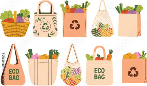 reusable eco friendly shopping bags including textile net and paper totes filled with fresh organic grocery food for zero waste market lifestyle