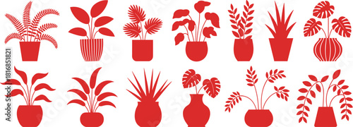 Set of Red Potted Houseplants Silhouettes, Including Monstera, Fern, and Aloe Vera, Representing Home Decor, Indoor Gardening, and Tropical Greenery for Design