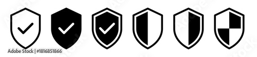 Set of security shield icons with check marks and solid or divided panel designs, representing protection, verification, safety, and privacy in a clean minimalist black vector style for digital use