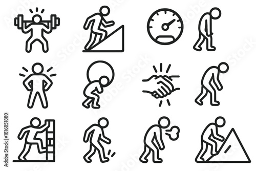 Physical Struggle Icons. Physical Struggle Icons linear icon set: weight strain, uphill climb, exhausted figure, muscle tension lines, pressure load, endurance meter, obstacle wall