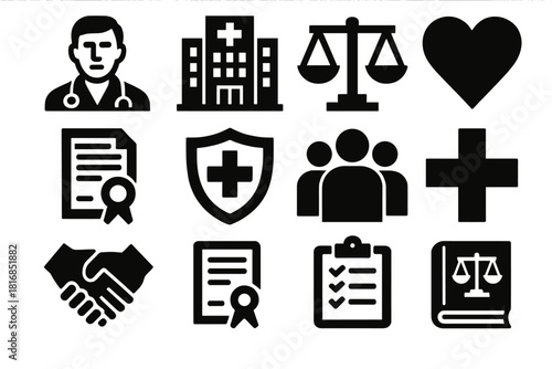 Healthcare Integrity Icons. Healthcare Integrity silhouette icon set: doctor, hospital, balance scale, heart, legal document, shield, people group, cross, handshake, certificate