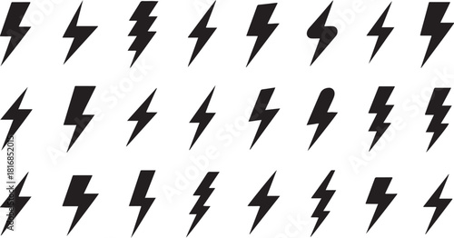 Collection of black lightning bolt icons on white background