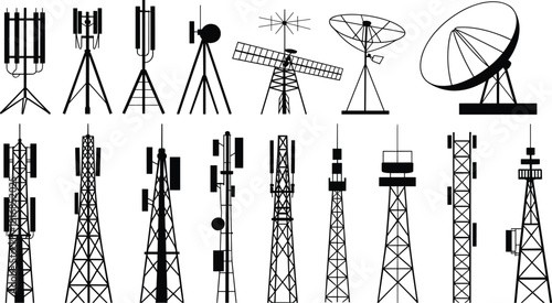 Silhouettes of Various Telecommunication and Broadcast Masts, Radio Antennas, and Satellite Dishes Representing Global Network Connectivity, Data Transfer, and Mobile Signal Coverage