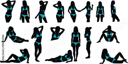 Silhouettes of women posing in bikinis, featuring standing and reclining positions, modern flat vector style for summer themes, fashion design, beach graphics, and character illustration projects.