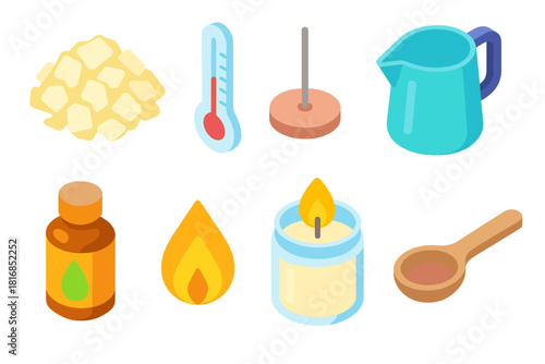 Candle Making Essentials. Candle Making flat icon set: soy wax, thermometer, wick, pouring jug, essential oil, flame, glass jar, wooden spoon
