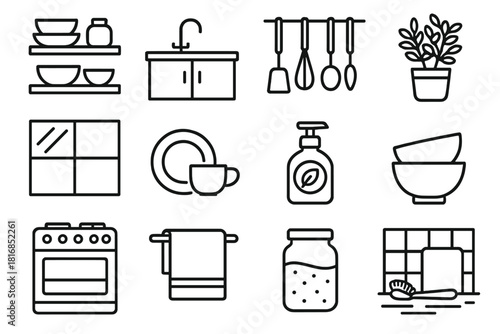 Eco-Friendly Kitchen Design. Conscious Kitchen Design linear icon set. open shelves, wooden countertop, hanging utensils, potted herbs, sunlight through window, minimalist dishware