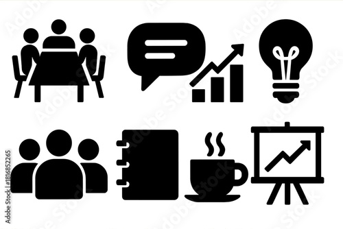 Strategic Icons Set. Strategic Discussion silhouette icon set. meeting table, speech bubble, graph chart, idea bulb, team silhouettes, notebook, cup of coffee, presentation board