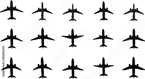 Top view airplane silhouettes arranged in a clean grid pattern, showcasing multiple aircraft shapes for aviation, transport, travel, military, and commercial vector illustration design resources.