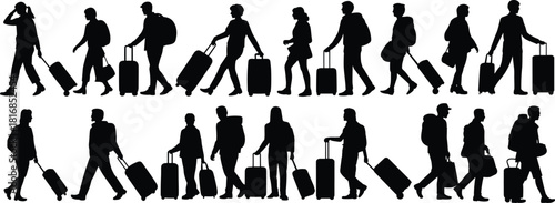 Travelers and Tourists Silhouettes Walking and Carrying Luggage and Suitcases, Featuring Men and Women Ready for Departure, Vacation, or Business Trip Journey