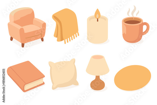 Cozy Comfort Icons. Comfort corner flat icon set : soft armchair, throw blanket, lit candle, steaming drink, book, pillow, table lamp, cozy carpet