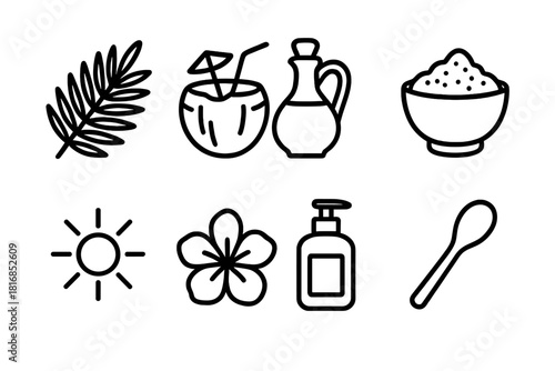 Tropical Spa Icons. Tropical Wellness linear icon set. palm leaf, coconut drink, oil flask, sea salt bowl, flower blossom, sun symbol, body oil, bamboo spoon