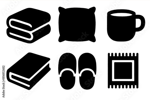 Cozy Icon Set. Cozy Blanket silhouette icon set. Folded Blanket, Pillow, Cup, Book, Slippers, Rug.