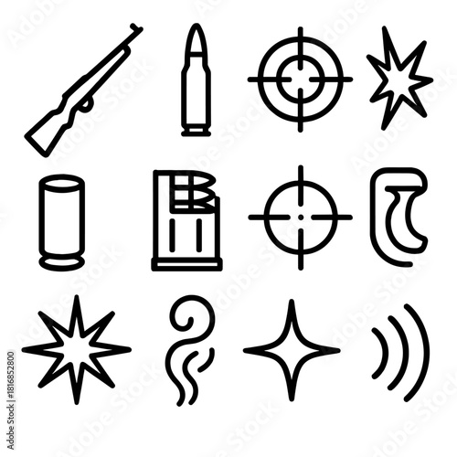 Weaponry Icon Array. Rifle & Ammo Symbolism of Elements linear icon set: rifle silhouette, bullet casing, target scope, gunpowder spark, spent shell, loading clip, precision