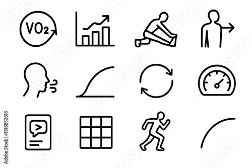 Peak Performance Icons. Peak Performance Icons linear icon set: VO2 max symbol, lactate threshold bar, mobility stretch, form alignment arrow, breathing rhythm, acceleration curve