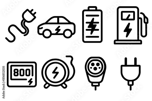 Electric Charging Icons. Ultra-Fast Charging linear icon set. charging cable, electric car, battery, lightning symbol, station, power display, cable reel, plug head