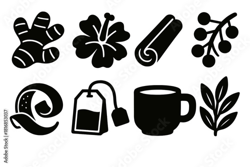 Bold Wellness Icons. Wellness Blends silhouette icon set. ginger root, hibiscus flower, cinnamon stick, berry branch, citrus peel, tea bag, cup, herb sprig