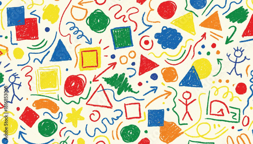 Funky crayon drawn geometric shapes and lines. Colorful pencil or chalk drawn naive Swiss design aesthetic. Basic geometric shapes, dots, playful pattern, primitive forms and figures