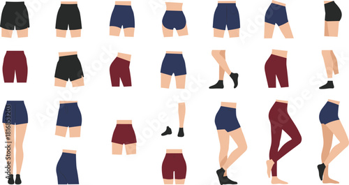 Vector illustrations of women’s legs wearing shorts in various poses and angles, showcasing casual clothing styles, fashion references, outfit variations, and modern design elements.