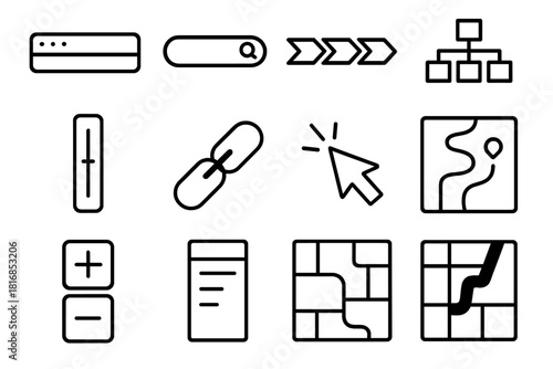 Digital Navigation Icons. Online Navigation Toolkit linear icon set: browser address bar, search field, breadcrumb trail, sitemap node, scroll indicator, link chain, hover pointer