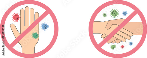 Vector illustration set of red prohibition signs banning handshakes and touching with virus particles to promote hygiene, safety and social distancing during global pandemic.