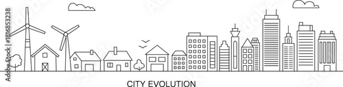 Vector line art illustration showing city evolution from rural village with windmills to modern urban metropolis skyline with skyscrapers for architectural development planning concepts.