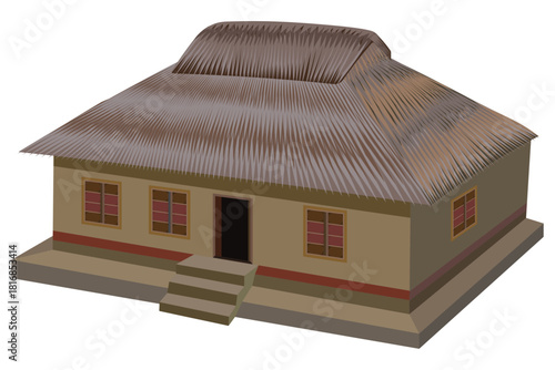 Traditional rural house with thatched roof illustration
