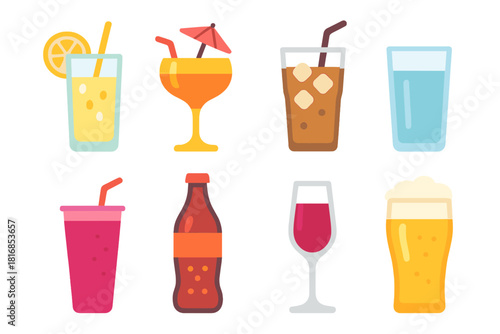 Colorful Drink Icons. Refreshing Drinks Pack set flat icons set. lemonade glass, cocktail with umbrella, iced coffee, water glass, smoothie, soda bottle, wine flute, beer pint