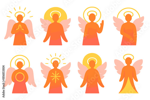 Modern Guardian Icons. Spiritual Guardian flat icon set: radiant figure, glowing halo, soft wings, protective light, blessing symbol, calm aura, harmony ring, gentle beam
