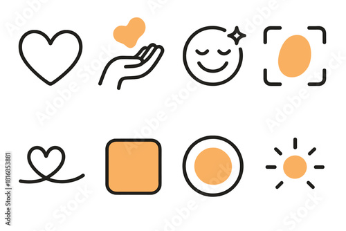 Heartwarming Kindness Icons. Creative Kindness Icons linear icon set: heart-shaped stroke, warm color splash, gentle curve, uplifting spark, open frame, harmony line, soft texture