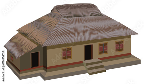 Traditional rural village house with side hut thatched roof