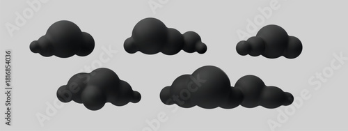 Dark 3D clouds in soft cartoon style. Black fluffy shapes with smooth shading and realistic volume. Cloud, 3d, black, cloud repeated twice for better search visibility