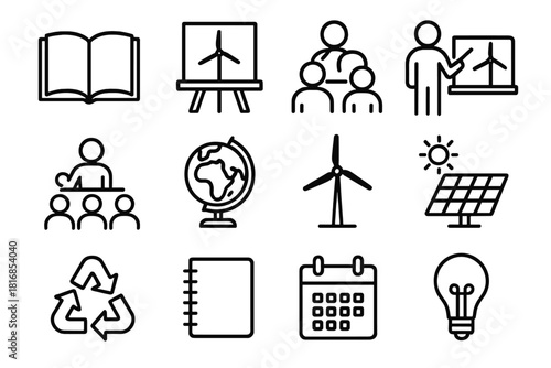 Sustainable Education Icons. Educational Wind Farm linear icon set. open book, chalkboard, teacher icon, classroom, globe, student group, wind turbine, solar panel, recycling