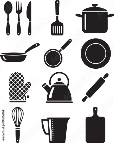 Essential kitchen tools icons set for cooking needs