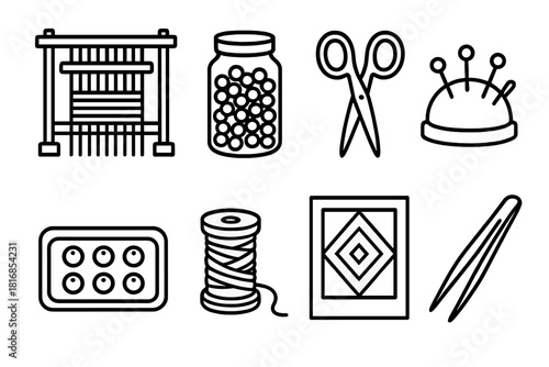 Craft Tools Icons. Artisan Craft linear icon set: loom, beads jar, scissors, pin cushion, tray, thread, design sketch, tweezers