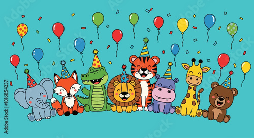 Cute cartoon animals wearing party hats celebrating a birthday with balloons and confetti