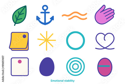 Emotional Stability Icons. Emotional Stability Set flat icon set: grounding leaf, anchor point icon, steadying breath curve, comfort-touch hand, reflective note tile, clarity glow