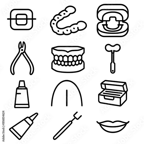 Orthodontic Essentials Icons. Orthodontic Set linear icon set: braces bracket, aligner tray, retainer case, elastic band, wire cutter, plaster model, orthodontic key, wax strip