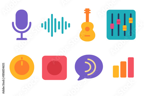 Modern Audio Icons. Audio Expression Tools flat icon set: microphone icon, audio waveform, instrument silhouette, sound mixer, tone dial, recording light, vocal bubble, rhythm bar