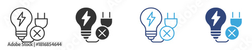  power outage icon set, no electricity signs. no lightning symbol, ban. blackout icons, power outage, bright warning .Vector illustration . 