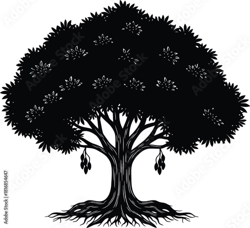 Black silhouette of a mature tree with a strong trunk, spreading branches, visible roots, and hanging fruit pods