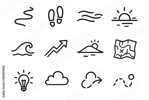 Aimless Wander Icons. Aimless Wander linear icon set: winding path, drifting steps, soft breeze lines, open horizon, scattered footprints, gentle wave, wandering arrow, distant