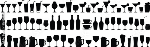 Vector set of drink silhouettes featuring cocktails wine beer and coffee glasses for menu and party design