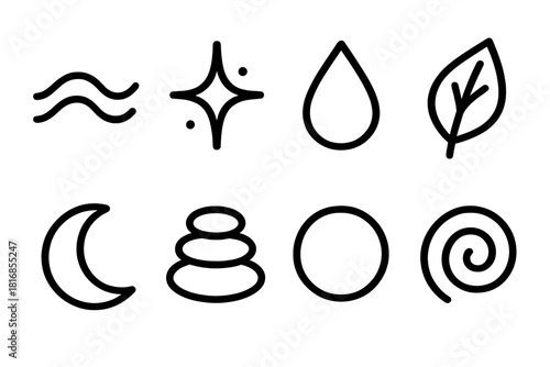 Serene Icon Medley. Calm Restoration linear icon set: soft wave curve, healing spark, warm droplet, steady leaf, restful moon shape, grounding stone, comforting orb, renewal swirl