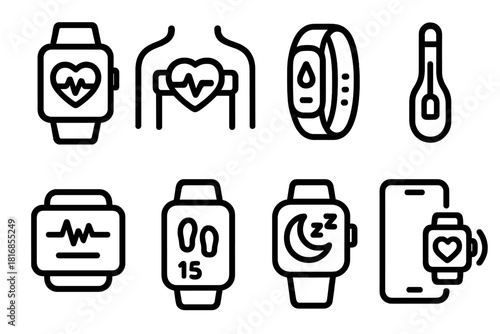 Wearable Health Tech Icons. Wearable Tech for Health linear icon set. smartwatch, heart rate sensor, fitness band, thermometer, ECG display, step counter, sleep tracker, phone sync