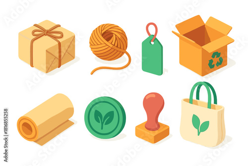 Eco Packaging Icons. Eco Packaging flat icons set. paper wrap, twine, recycled box, label tag, kraft paper roll, stamp logo, cotton bag, wax seal